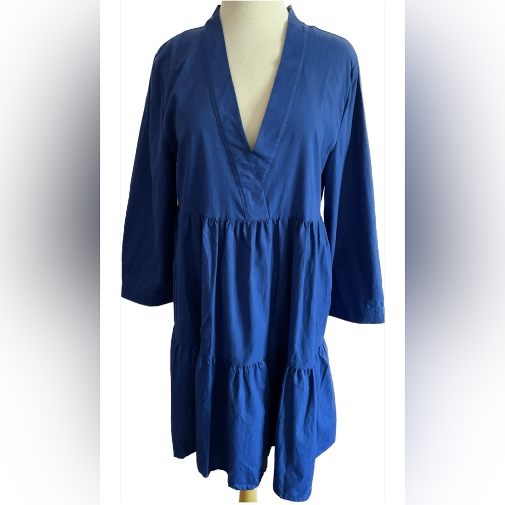 Blue V-Neck Long Sleeve Dress